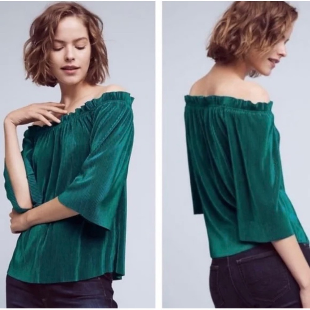 Anthropologie J.O.A. Green Plisse Pleated Off The Shoulder Blouse